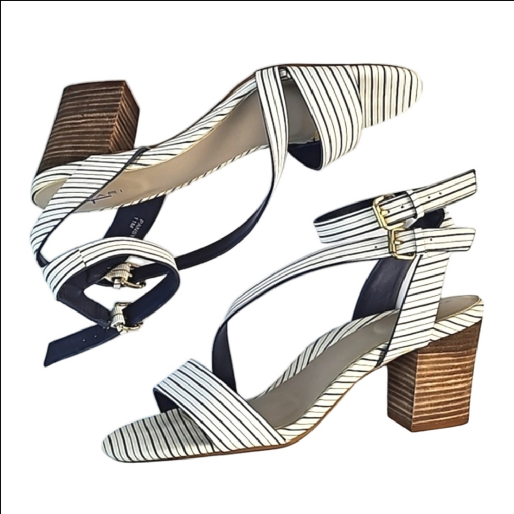 Tahari Pansy Leather Navy & White Stripe Ankle Strap Stacked Block Heel Sandal
